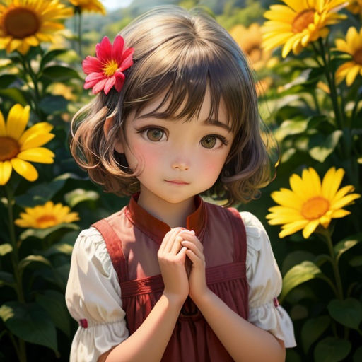 a little girl standing in a field of sunflowers with her hands together and looking at the camera
