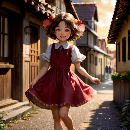 a doll is walking down a street in a dress and shoes with a bow in her hair and a red dress with a bow in her hair