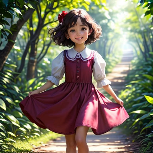 a little girl in a dress walking down a path in the woods with trees and grass behind her, with a red bow in her hair