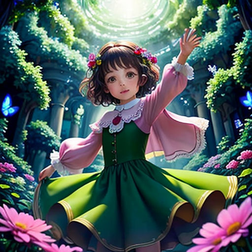 a girl in a green dress standing in a garden with pink flowers and butterflies around her, with a light shining on her