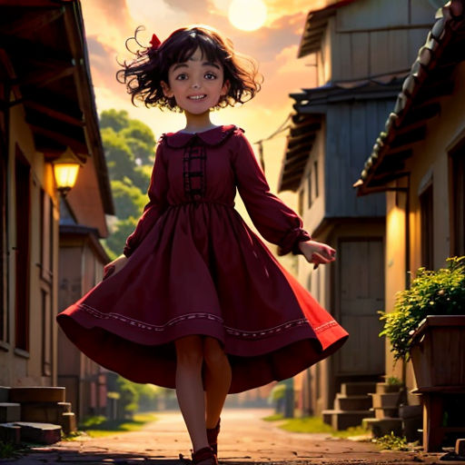 a little girl in a red dress is walking down a street with a red umbrella in the background and a sunset in the background
