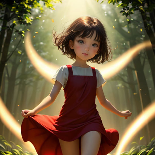 a girl in a red dress is walking through the woods with a light shining on her head and arms