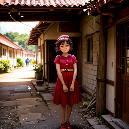 a little girl standing in front of a building with a red dress on and a red hat on her head