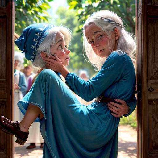 a painting of two women hugging each other in a doorway with people in the background looking on from behind