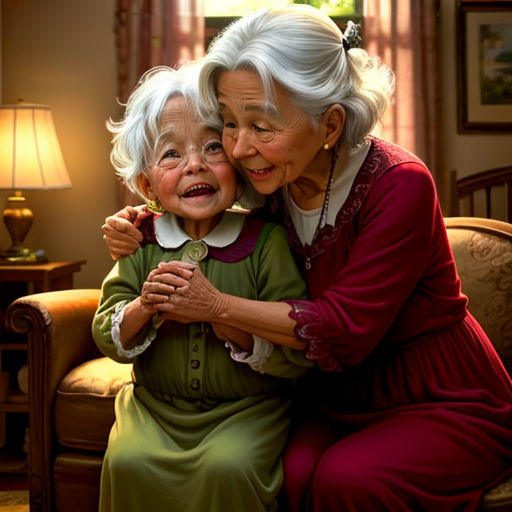 a painting of two older women hugging each other in a living room with a lamp on the side of the room