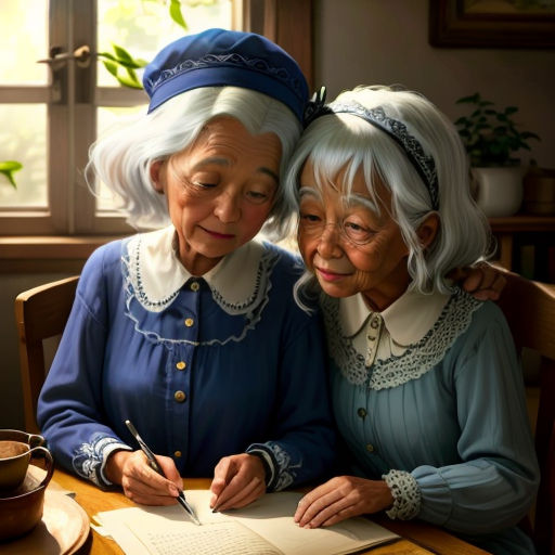two older women sitting at a table writing on a piece of paper with a pen and paper clipping