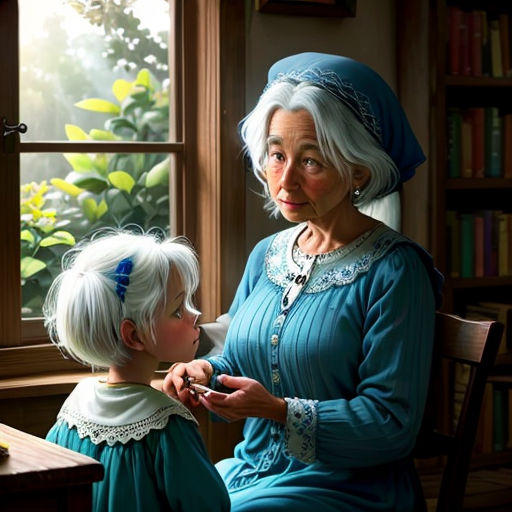 a painting of a woman and a child looking out a window at a book shelf with books on it