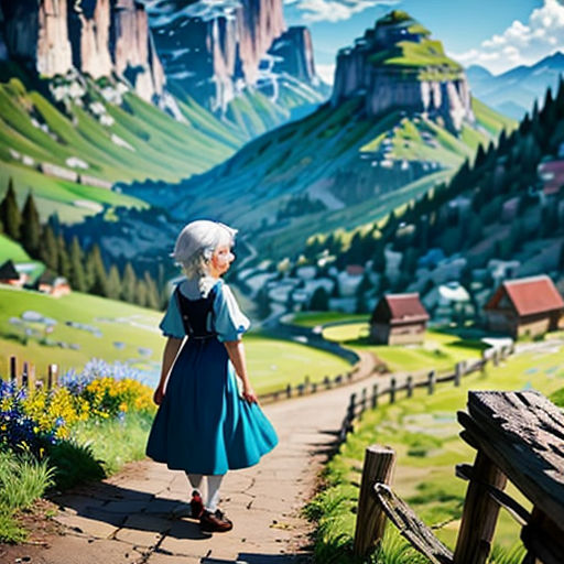 a little girl that is standing on a path in the grass with mountains in the background and a sky with clouds