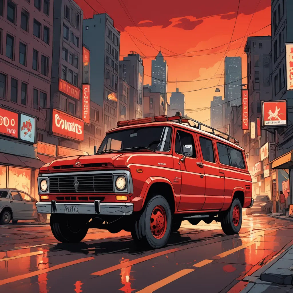 a red van driving down a street next to tall buildings in the city at sunset or sunset time with a red sky, american scene painting, an ultrafine detailed painting, Dan Mumford, dan mumford. octane render
