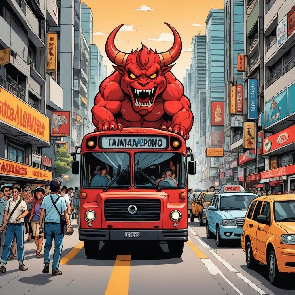 a red bus with a monster on the top of it's head driving down a busy street in a city, sumatraism, poster art, Anthony Palumbo, josan gonzales and dan mumford