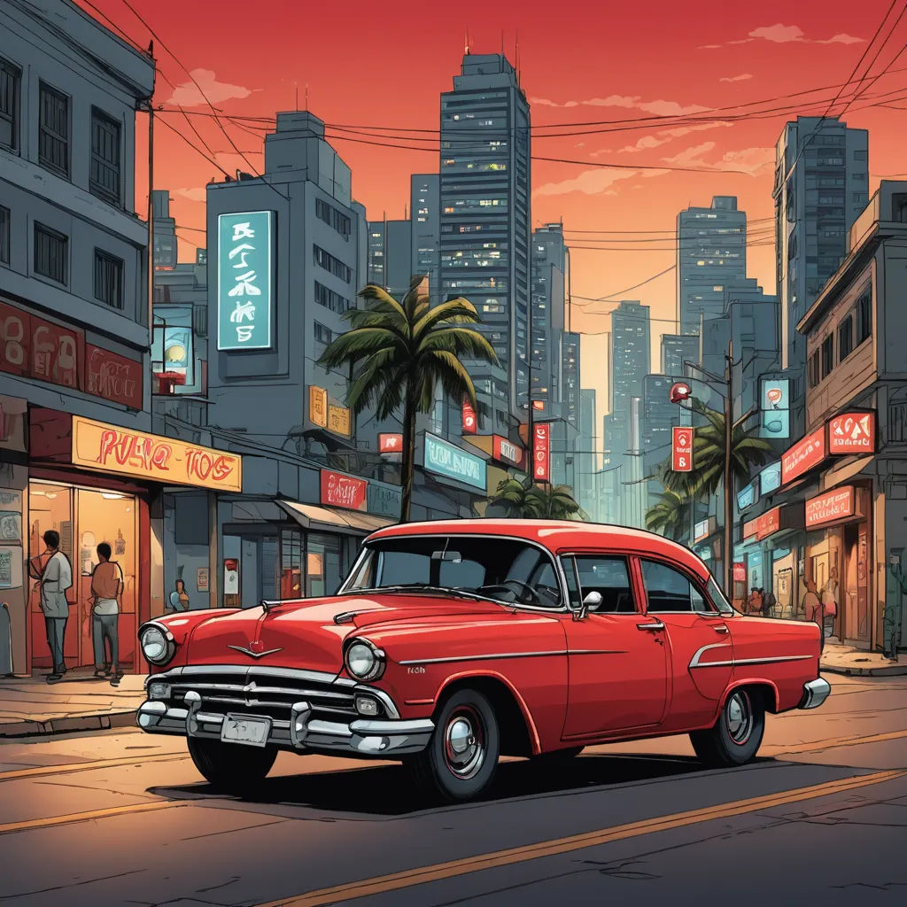 a red car driving down a street next to tall buildings and palm trees in the background at sunset or dawn, american scene painting, a comic book panel, Dan Mumford, dan mumford. octane render