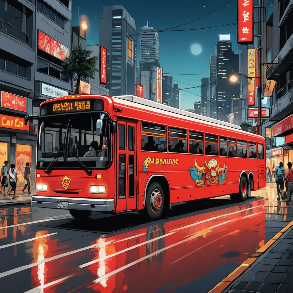 a red bus driving down a street next to tall buildings in a city at night time with people walking on the sidewalk, photorealism, a detailed matte painting, Dan Mumford, dan mumford. octane render