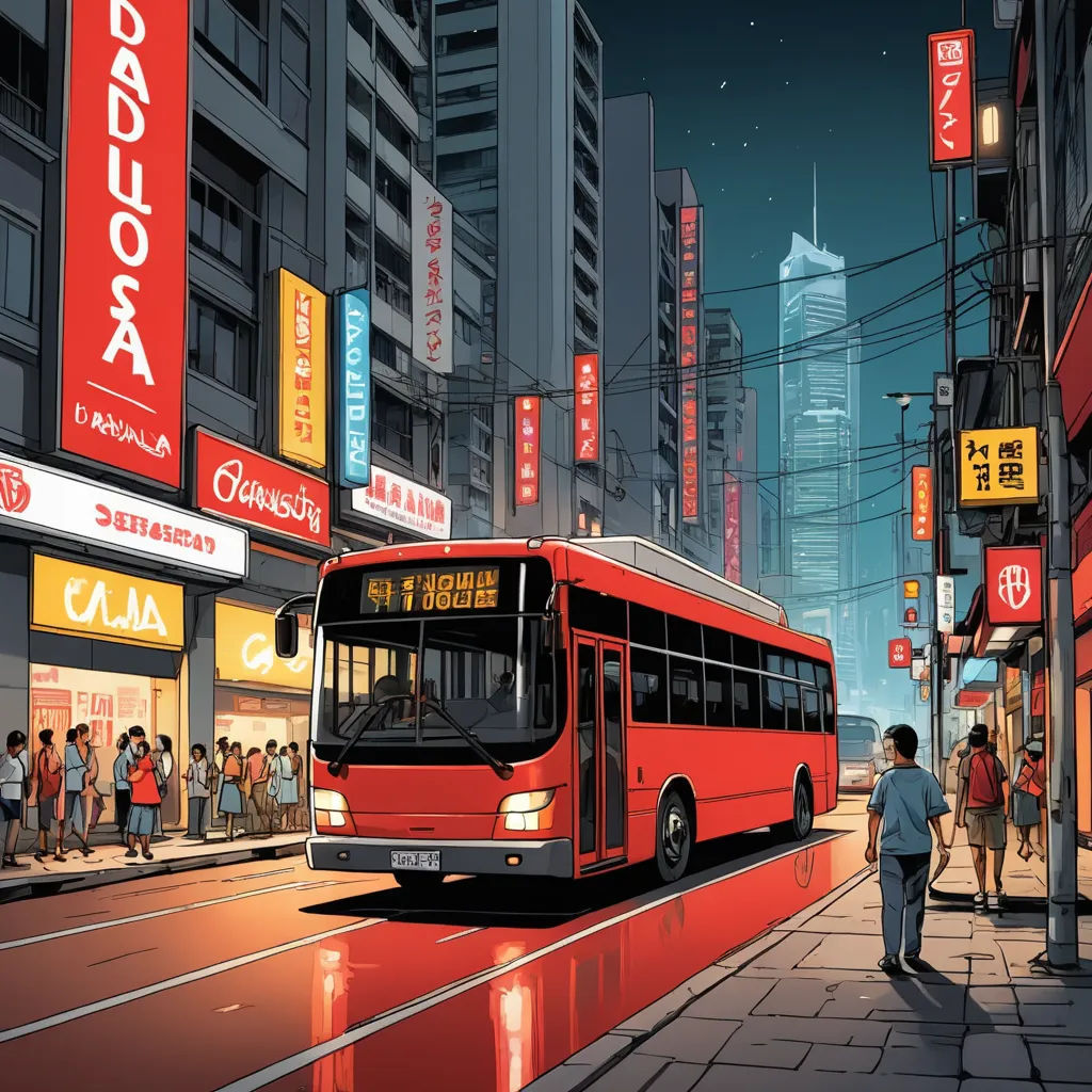 a red bus is parked on the side of the road in a city at night time with people walking on the sidewalk, retrofuturism, a comic book panel, Dan Mumford, laurie greasley