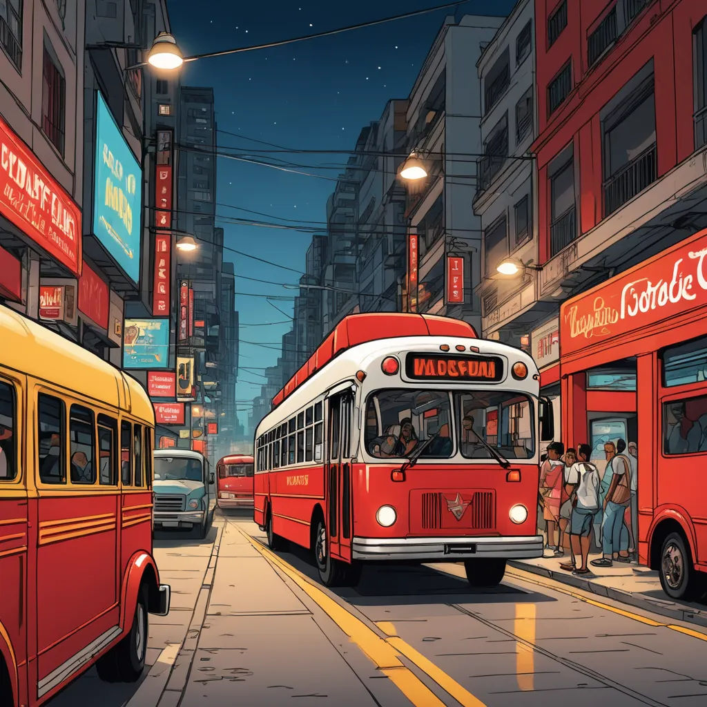 a red and white bus driving down a street next to tall buildings at night time with people standing on the sidewalk, retrofuturism, a comic book panel, Dan Mumford, josan gonzales and dan mumford
