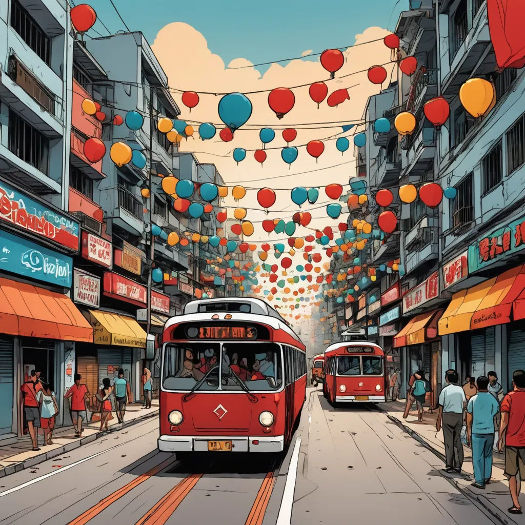 a red bus driving down a street next to a tall building with balloons hanging from it's sides, sumatraism, a comic book panel, Dan Mumford, josan gonzales and dan mumford