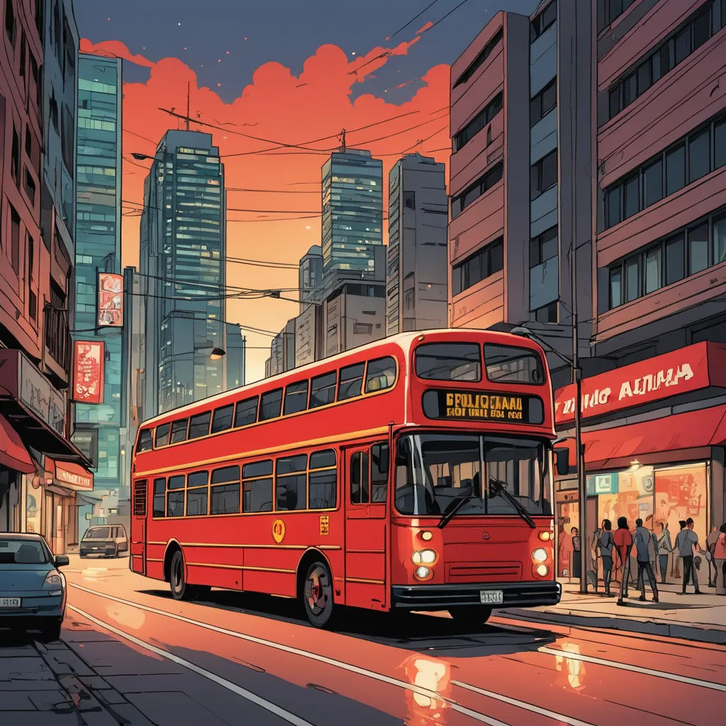 a red bus driving down a street next to tall buildings and a car parked on the side of the road, retrofuturism, a comic book panel, Dan Mumford, dan mumford. octane render