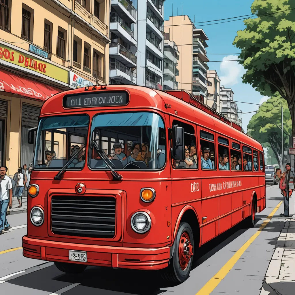 a red bus driving down a street next to tall buildings and people walking on the sidewalk near a sidewalk, hyperrealism, a comic book panel, Asaf Hanuka, city background