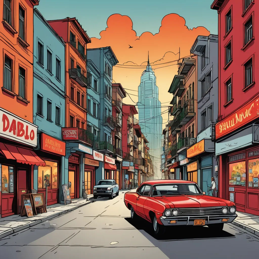 a red car is parked on the street in front of a tall building with a spire on top of it, american scene painting, a comic book panel, Dan Mumford, josan gonzales and dan mumford