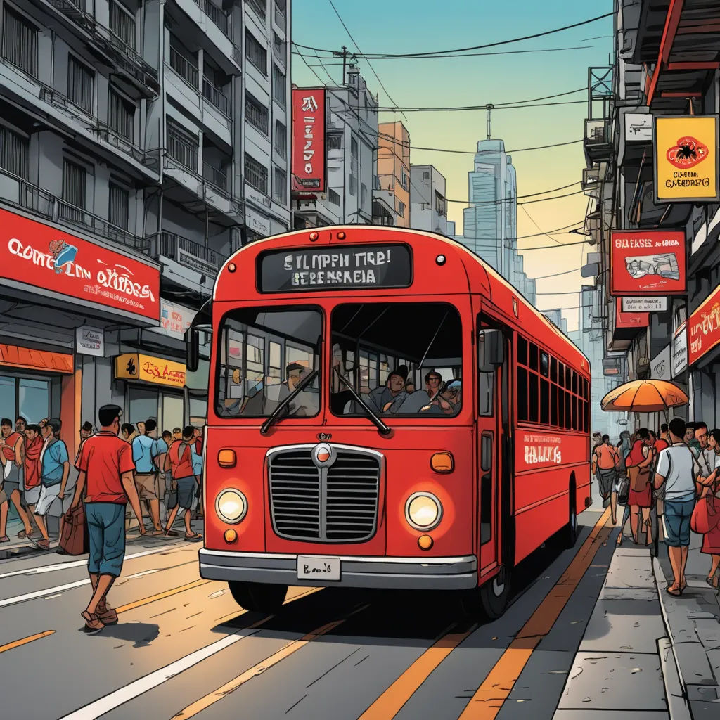 a red bus driving down a street next to tall buildings and people walking on the sidewalk near a sidewalk cafe, photorealism, a comic book panel, Dan Mumford, laurie greasley