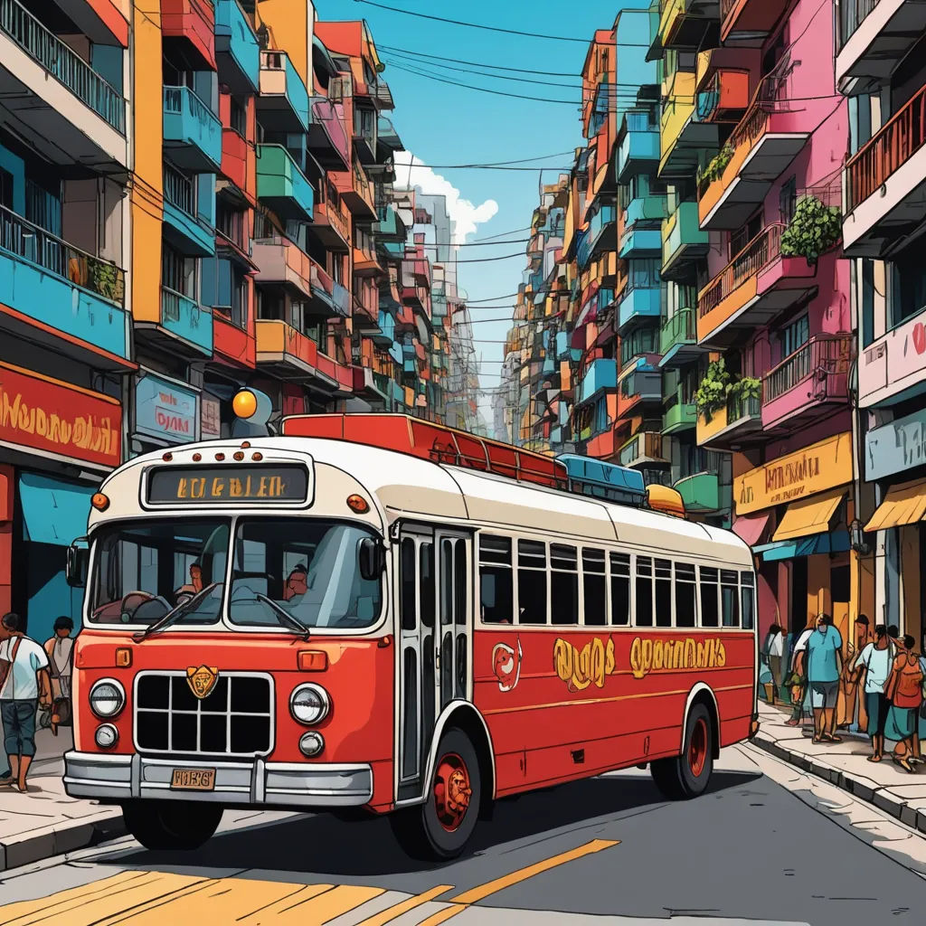 a red bus driving down a street next to tall buildings and people walking on the sidewalk near the buildings, photorealism, a comic book panel, Dan Mumford, josan gonzales and dan mumford
