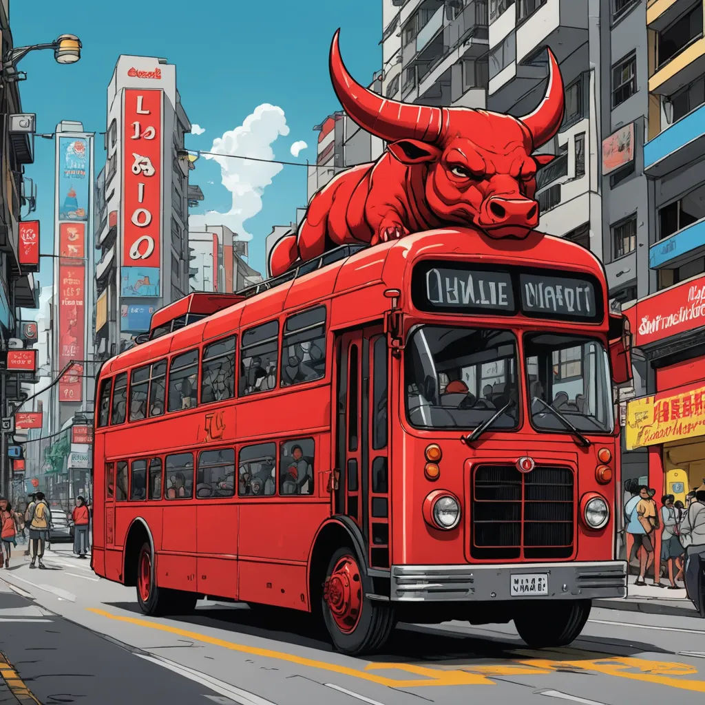 a red bus with a bull on top of it's roof in a city street with tall buildings, magical realism, cyberpunk art, Dan Mumford, josan gonzales and dan mumford