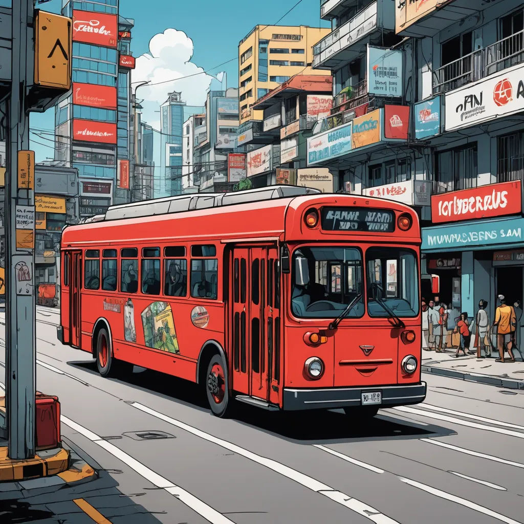 a red bus driving down a street next to tall buildings and people walking on the sidewalk near a street sign, photorealism, a comic book panel, Dan Mumford, dan mumford. octane render