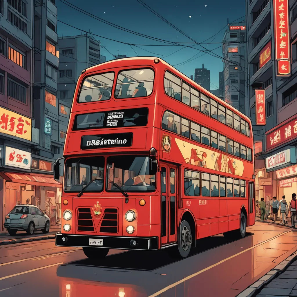 a double decker bus driving down a street next to tall buildings at night time with people walking on the sidewalk, retrofuturism, cyberpunk art, Dan Mumford, dan mumford. octane render