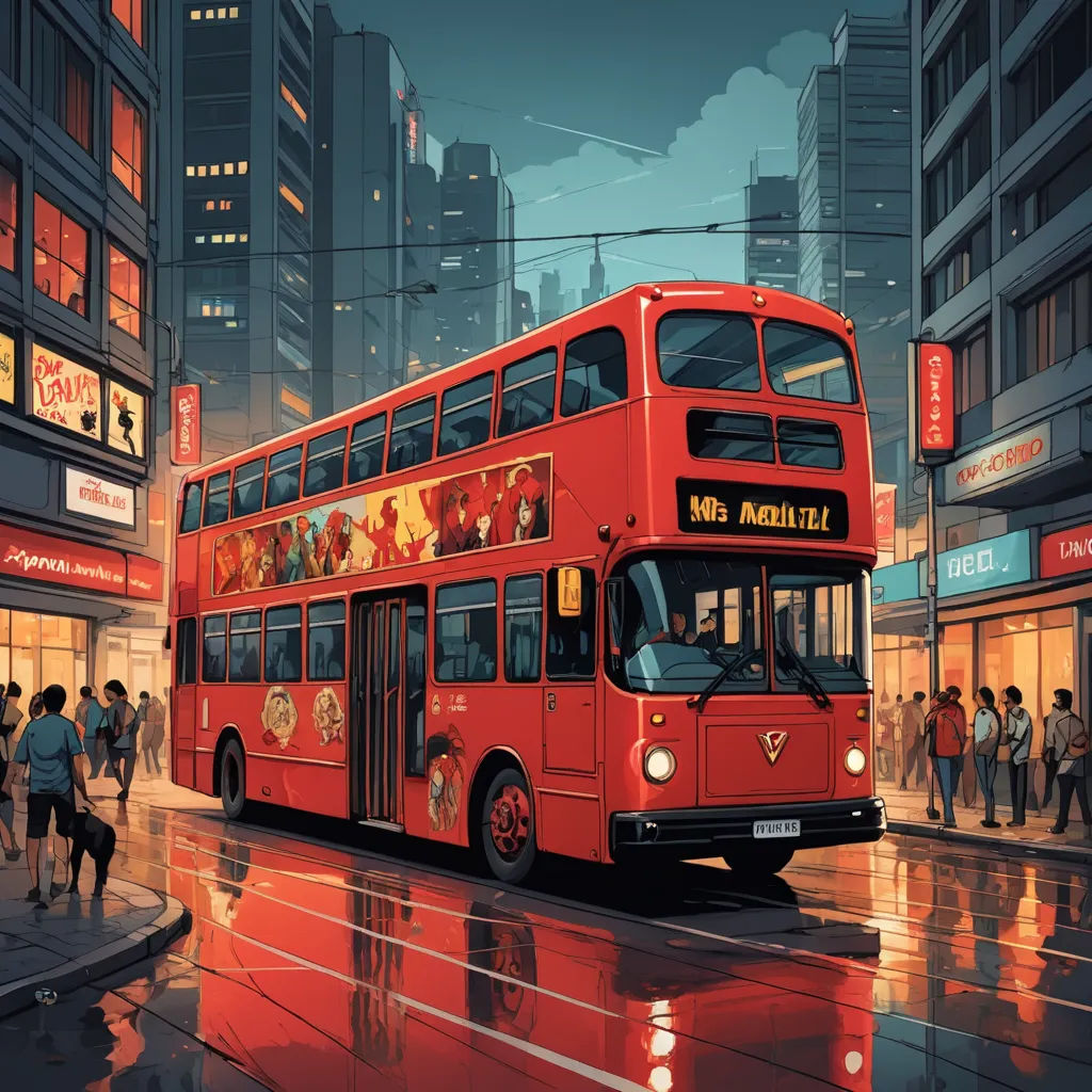 a red double decker bus driving down a street next to tall buildings and people walking on the sidewalk near a red curb, photorealism, poster art, Dan Mumford, dan mumford. octane render