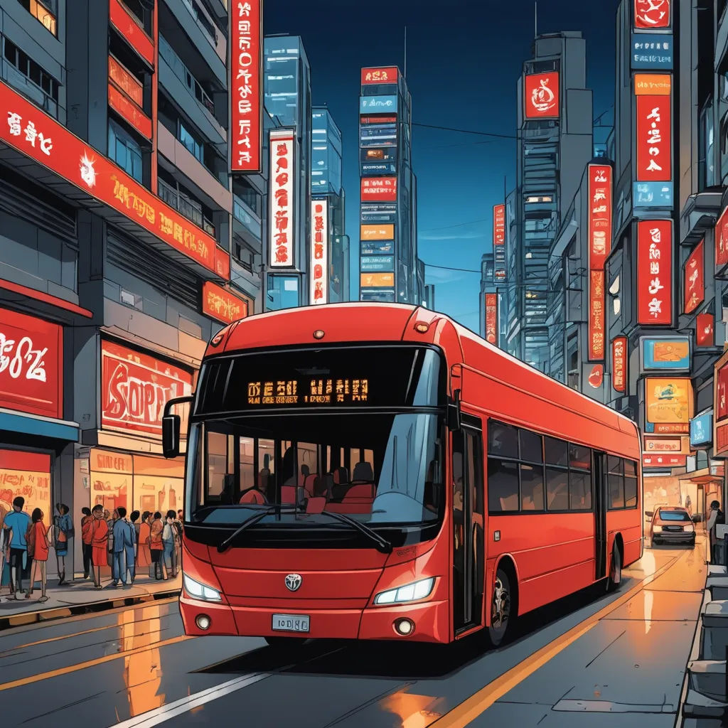 a red bus driving down a street next to tall buildings in a city at night with people standing on the sidewalk, retrofuturism, a comic book panel, Dan Mumford, dan mumford. octane render