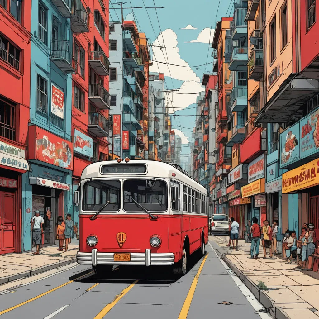 a red and white bus driving down a street next to tall buildings and people walking on the sidewalk near the buildings, retrofuturism, a comic book panel, Dan Mumford, josan gonzales and dan mumford