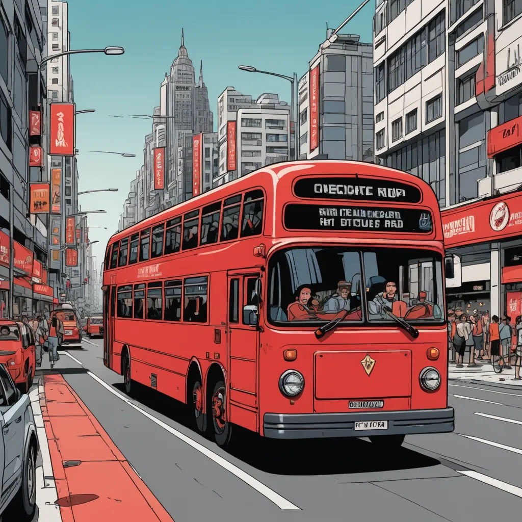 a red bus driving down a street next to tall buildings and traffic lights on a city street with tall buildings, retrofuturism, a comic book panel, Dan Mumford, josan gonzales and dan mumford