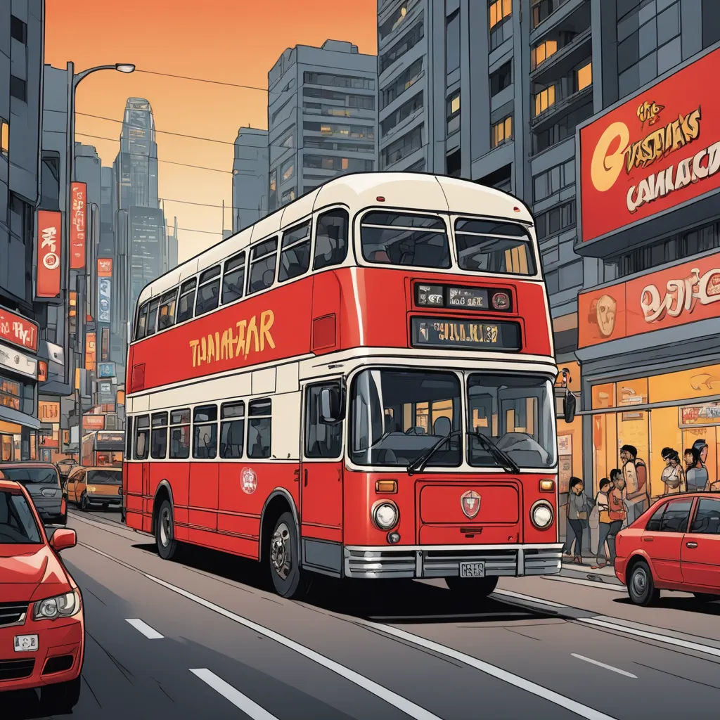 a red double decker bus driving down a street next to tall buildings and cars on the street and people standing on the sidewalk, international typographic style, poster art, Dan Mumford, josan gonzales and dan mumford