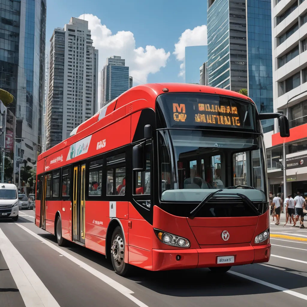 a red bus driving down a street next to tall buildings and tall buildings in the background with people walking on the sidewalk, panfuturism, a digital rendering, Cui Bai, realistic render