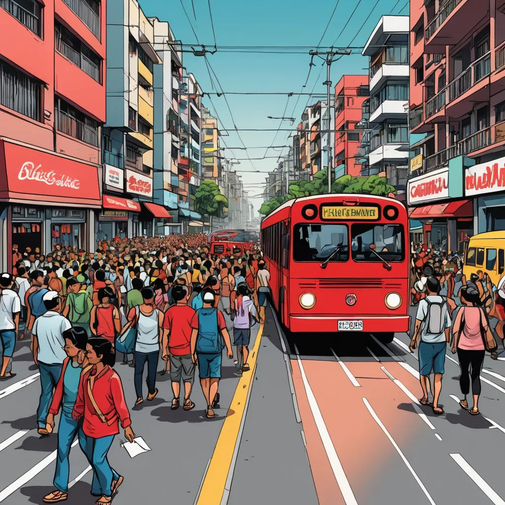 a red bus driving down a street next to a crowd of people on a street corner with buildings in the background, kinetic pointillism, a comic book panel, Asaf Hanuka, detailed illustration