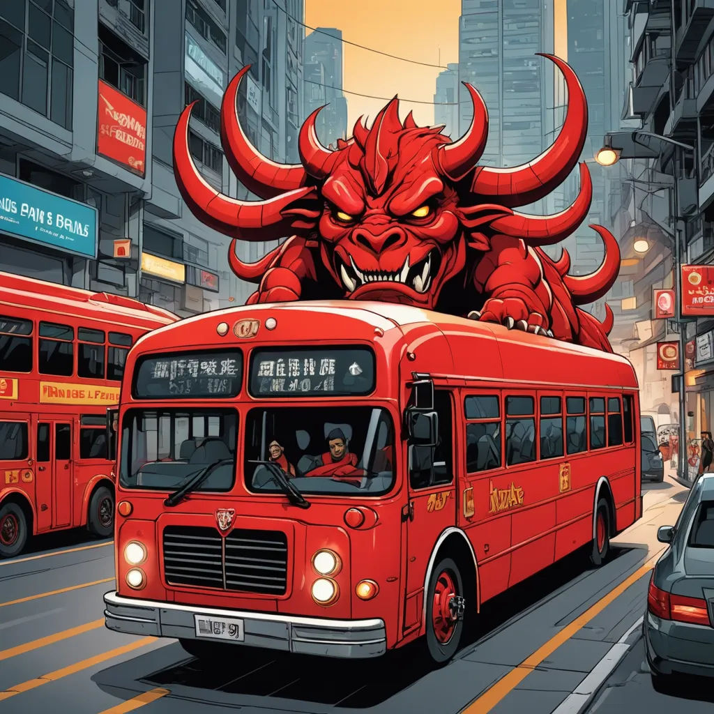 a red bus with a demon on the back of it driving down a street next to a car and a bus, fantasy art, poster art, Dan Mumford, laurie greasley
