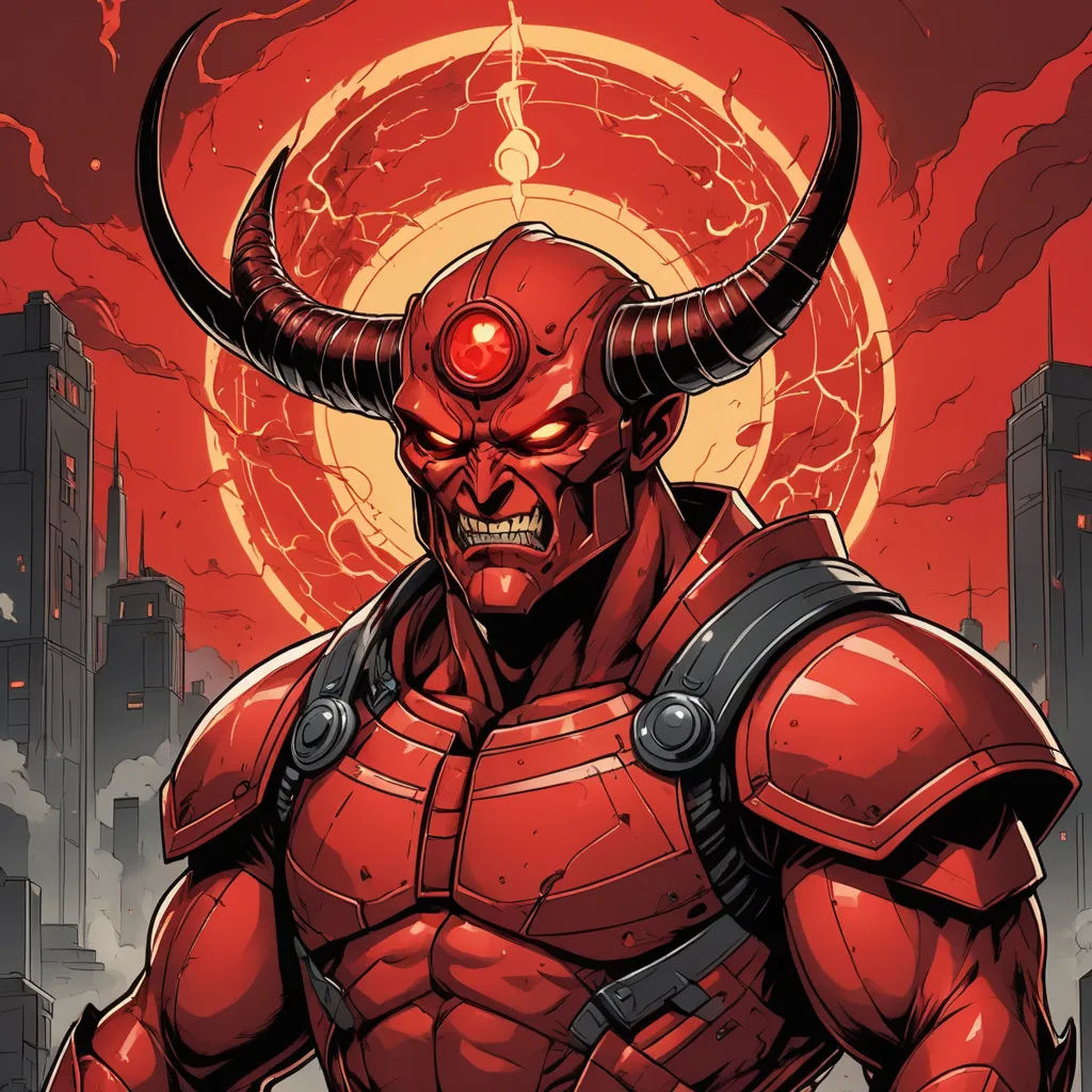 a red devil with horns and a red ring around his neck and a city in the background with a red sun, sots art, a comic book panel, Dan Mumford, comic cover art