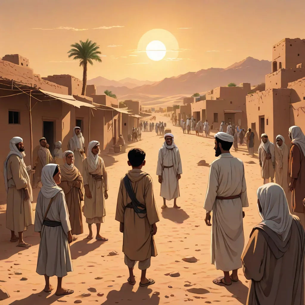 a painting of a group of people walking in the desert with a sunset in the background and a palm tree, dau-al-set, a detailed matte painting, De Hirsh Margules, desert