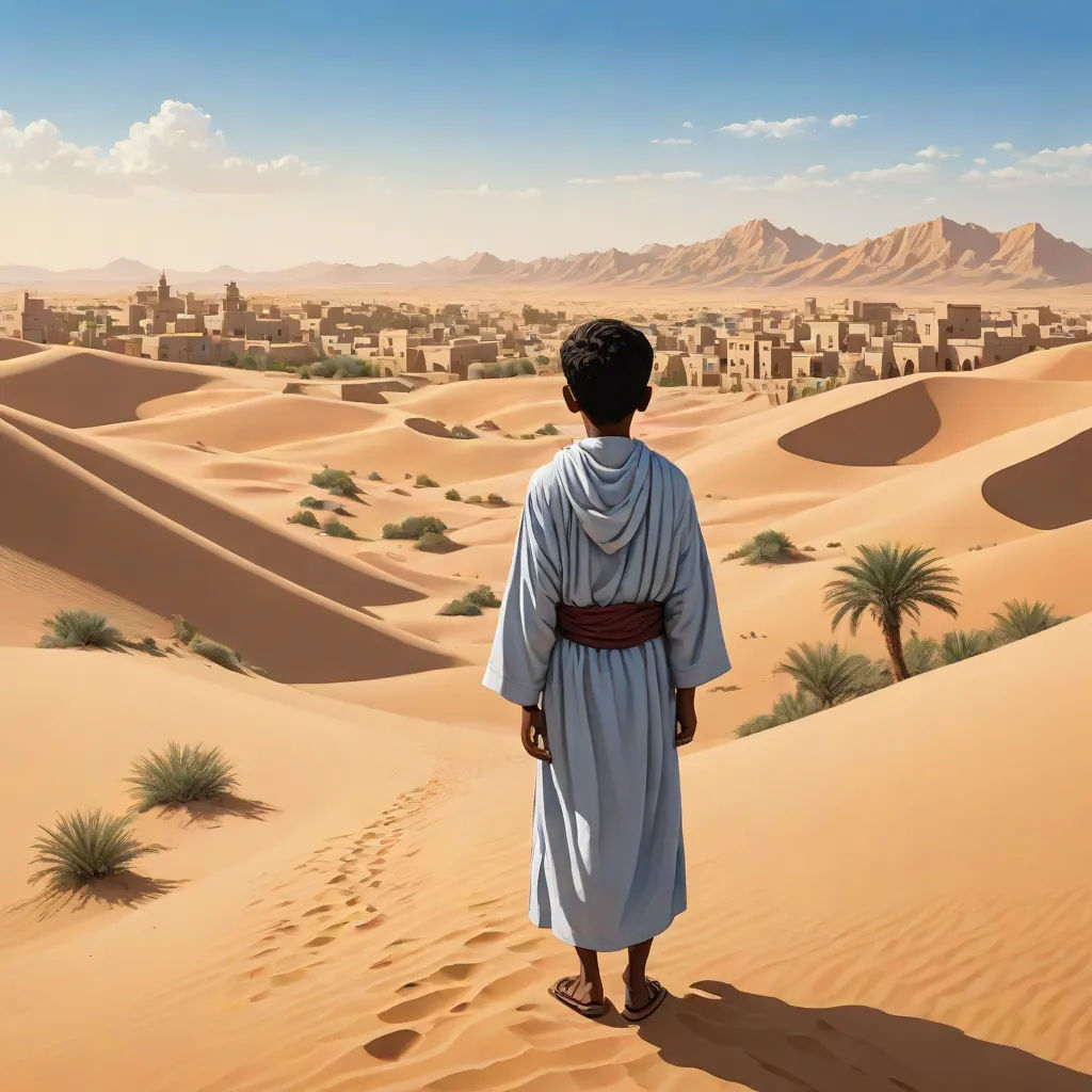 a man in a desert with a desert landscape in the background and a city in the distance, with a sky line in the foreground, analytical art, a detailed matte painting, David Ligare, desert