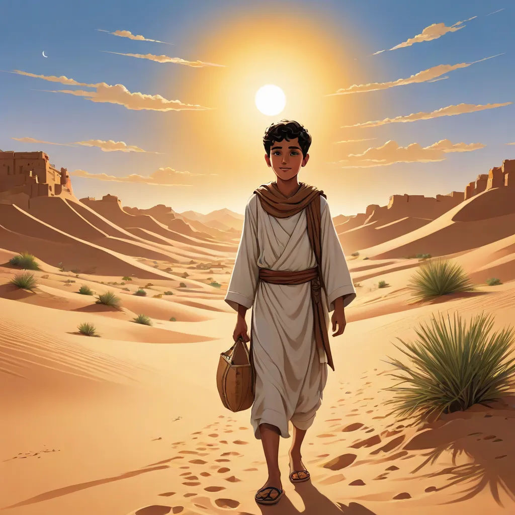 a man walking through the desert with a basket in his hand and the sun in the background, with a desert landscape, dau-al-set, a detailed matte painting, Asaf Hanuka, desert