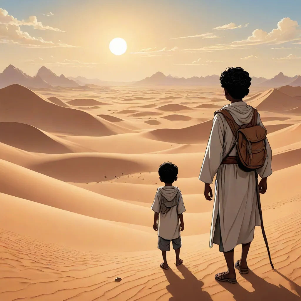 a man and a child are standing in the desert with the sun in the background and sand dunes behind them, afrofuturism, a detailed matte painting, Asaf Hanuka, desert