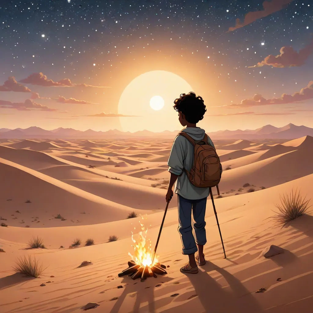 a person with a backpack standing in the desert with a campfire in the foreground and a full moon in the background, afrofuturism, a storybook illustration, Chris LaBrooy, desert