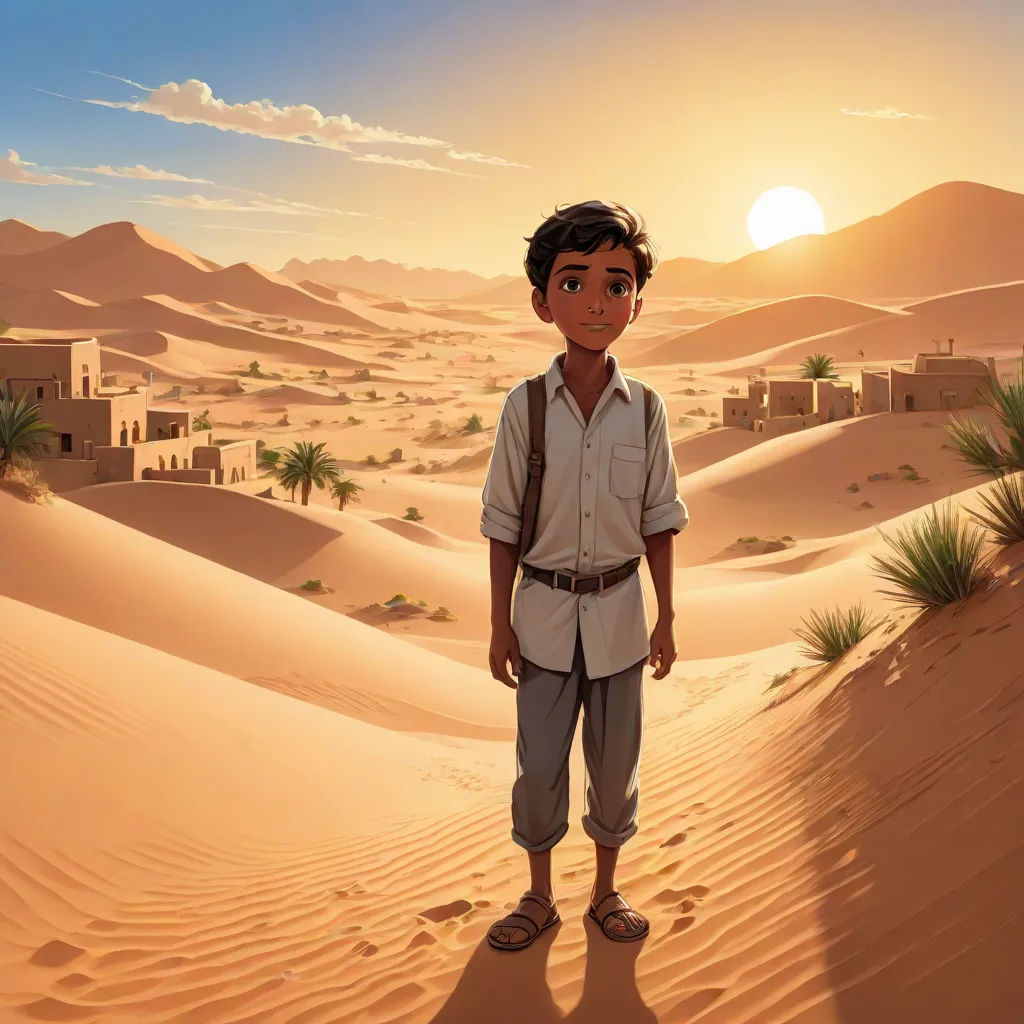 a man standing in the desert with a desert landscape in the background and a desert village in the foreground, serial art, a detailed matte painting, Drew Struzan, promotional image