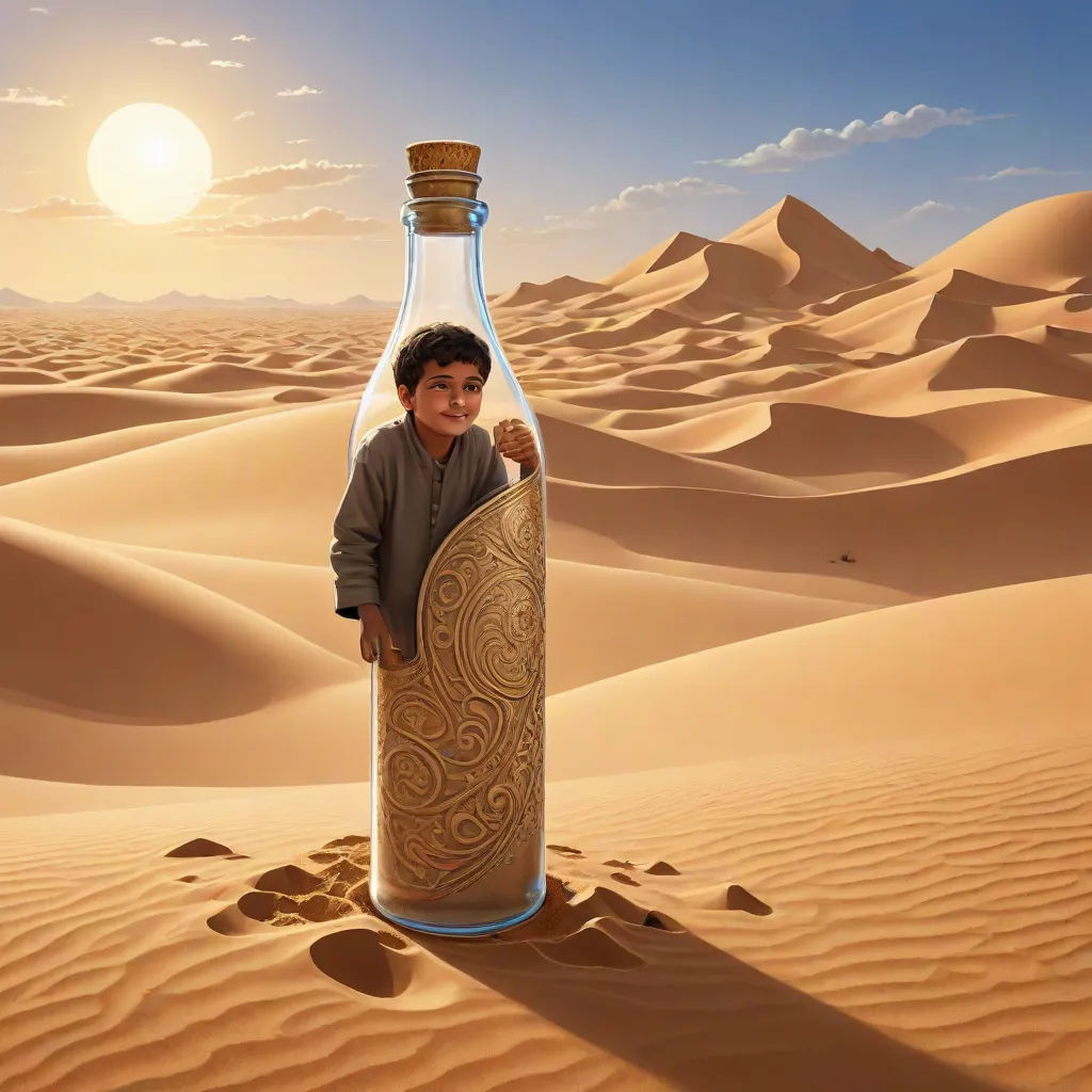 a boy is holding a bottle in the desert with sand dunes in the background and a sun in the sky, photorealism, a detailed matte painting, Amir Zand, highly detailed digital painting