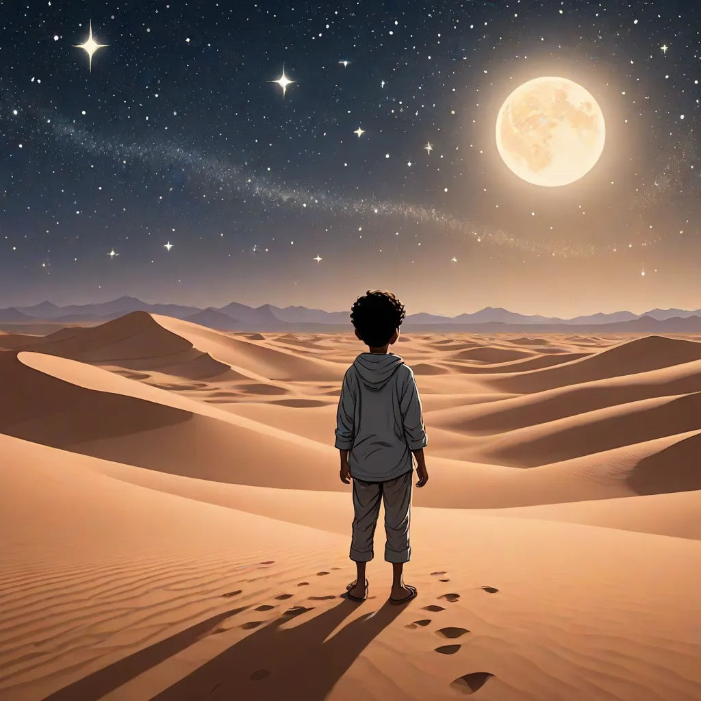 a person standing in the desert looking at the stars and the moon in the sky above them, with a full moon in the distance, afrofuturism, an album cover, Amir Zand, desert