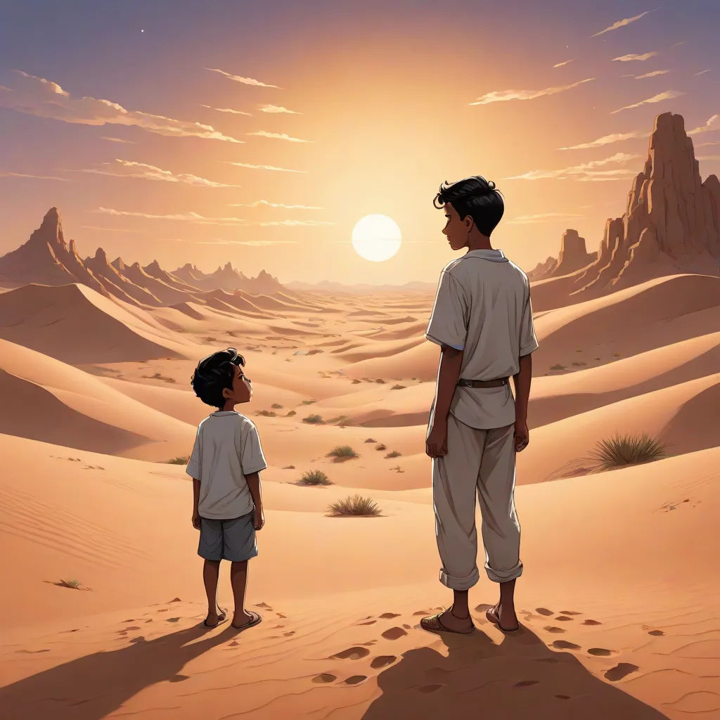a man and a boy standing in the desert at sunset with a view of the desert and mountains in the distance, magical realism, a detailed matte painting, Brothers Hildebrandt, desert