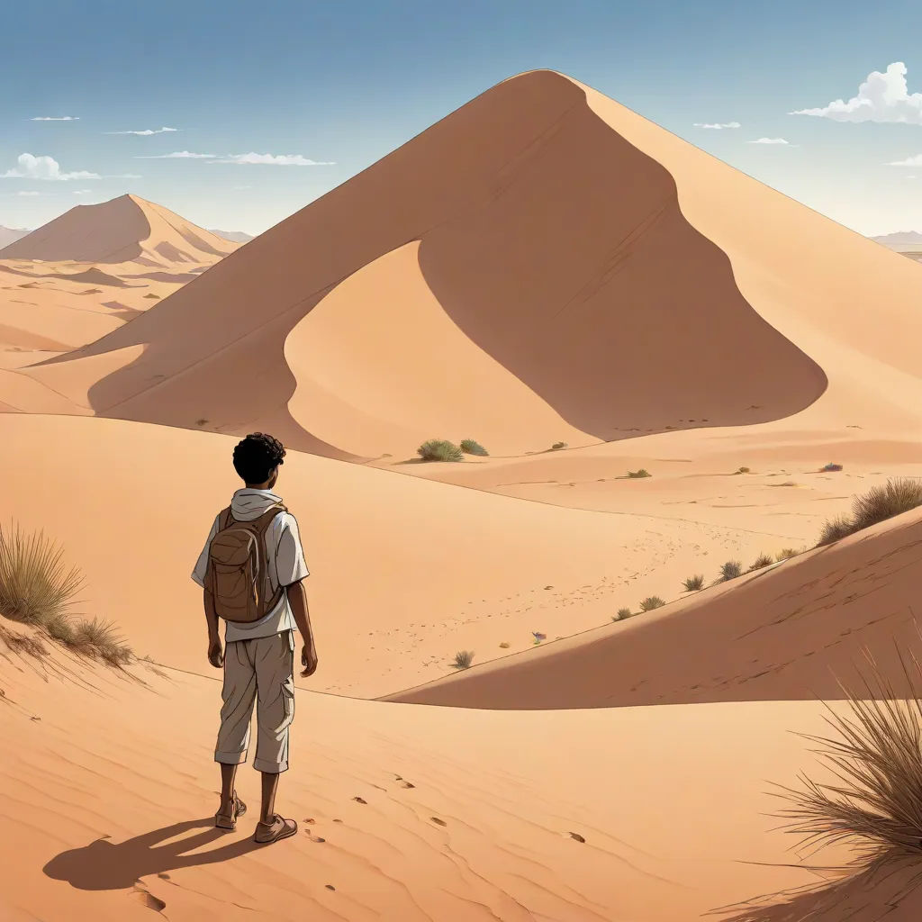 a man standing in the desert looking at the sand dunes and mountains in the distance with a sky background, serial art, a detailed matte painting, David Ligare, desert