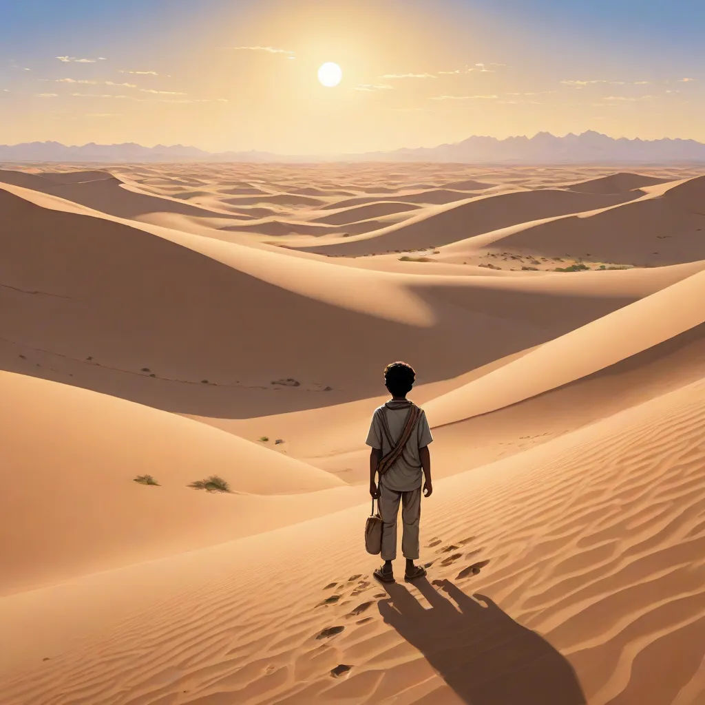 a man standing in the middle of a desert with a suitcase in his hand and the sun in the background, analytical art, a detailed matte painting, Amir Zand, desert