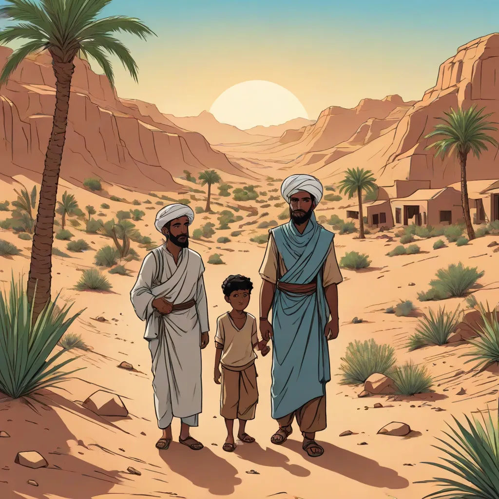 a painting of two men and a boy walking in the desert with palm trees in the background and a desert landscape, hurufiyya, a storybook illustration, Asaf Hanuka, desert