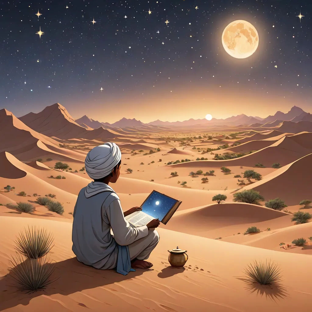a man sitting on a desert holding a laptop computer under a full moon sky with stars and a desert landscape, space art, a storybook illustration, David A Hardy, orientalism