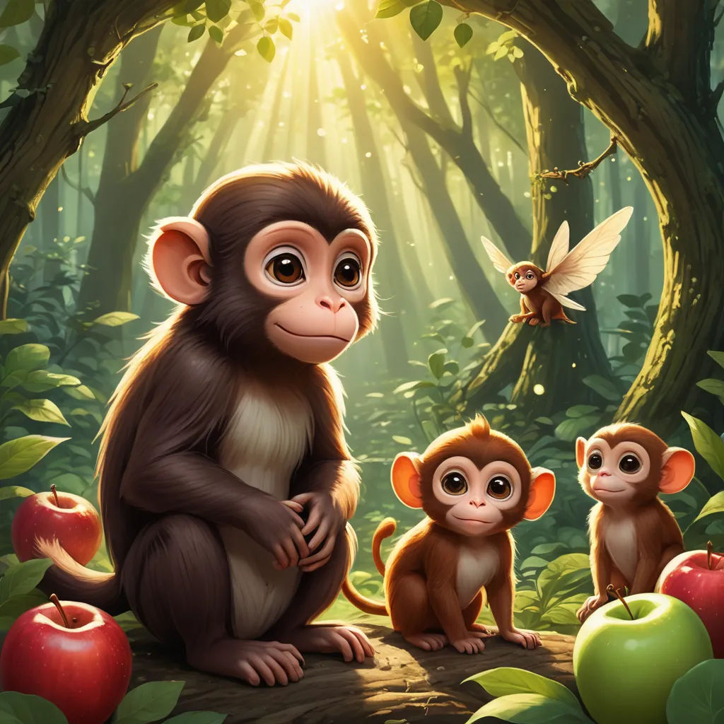 a monkey and two monkeys in a forest with an apple and a bird flying above them, with sunlight shining through the trees, fantasy art, a storybook illustration, Cliff Childs, highly detailed digital painting